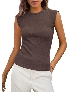 Women's Dark Coffee Polyester Blend Cap Sleeve Slim Fitted Basic Casual Tank Top